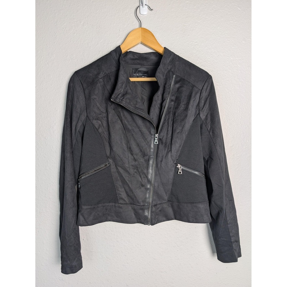 Elie Tahari Jacket Womens Medium Black Biker Asymmetric Zip Slim Lined